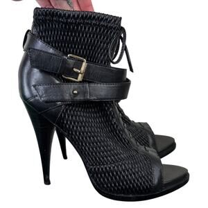 BCBGMAXAZRIA Black Gia Peep Toe Bootie Stiletto High Heel Buckle Ankle Boot 7.5